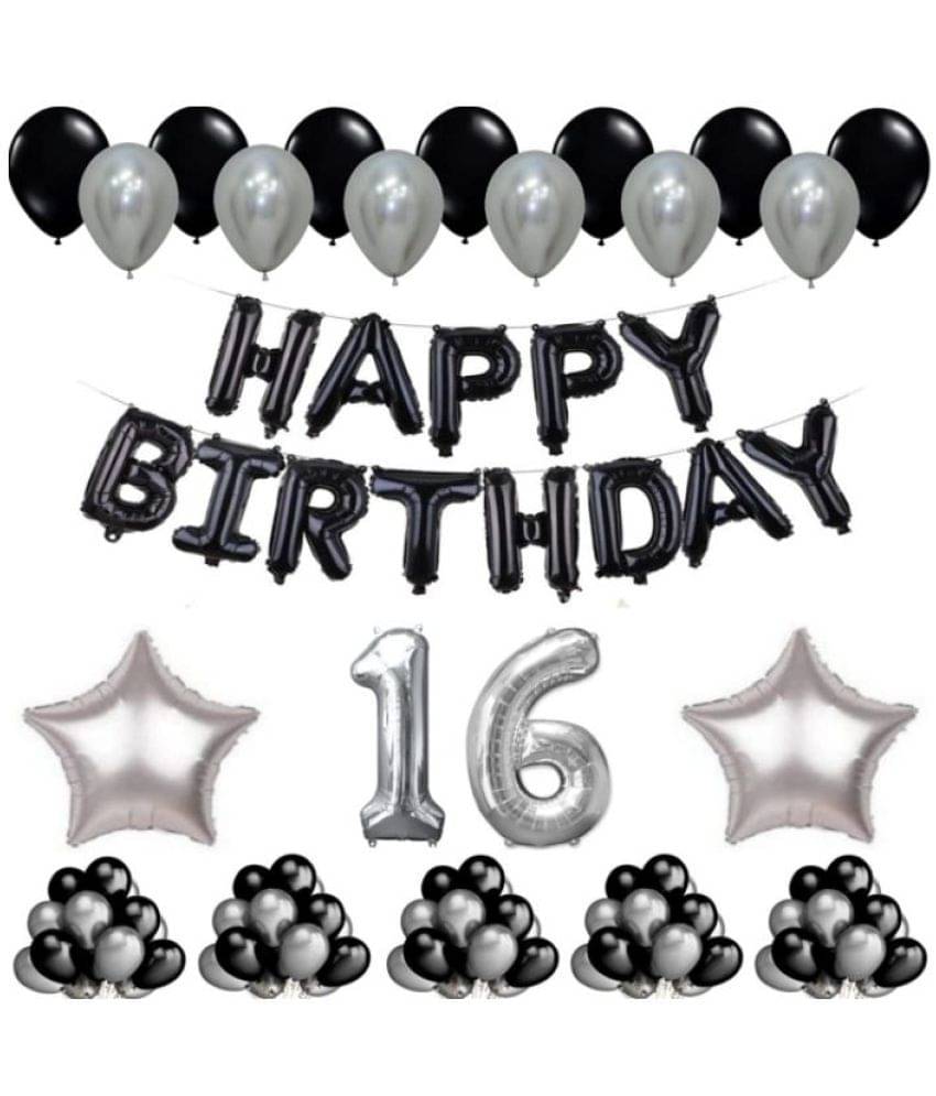Blooms Event 1 Set Happy Birthday Foil Balloons Black Color , 2 Pcs silver Foil Star , 50 Pcs Metallic Balloons (Black & Silver ),16 No. Foil Number Silver Blooms Event 1 Set Happy Birthday Foil Balloons Black Color , 2 Pcs silver Foil Star , 50 Pcs Metallic Balloons (Black & Silver ),16 No. Foil Number Silver