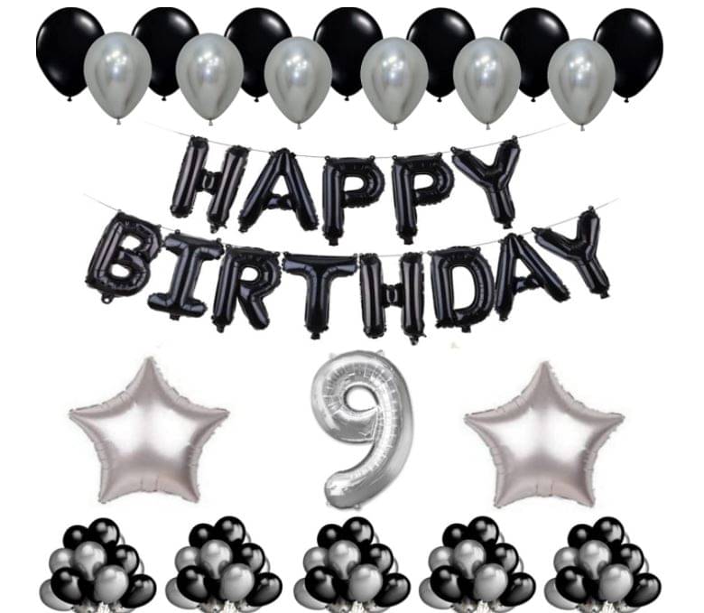 Blooms Event 1 Set Happy Birthday Foil Balloons Black Color , 2 Pcs silver Foil Star , 50 Pcs Metallic Balloons (Black & Silver ),9 No. Foil Number Silver Blooms Event 1 Set Happy Birthday Foil Balloons Black Color , 2 Pcs silver Foil Star , 50 Pcs Metallic Balloons (Black & Silver ),9 No. Foil Number Silver