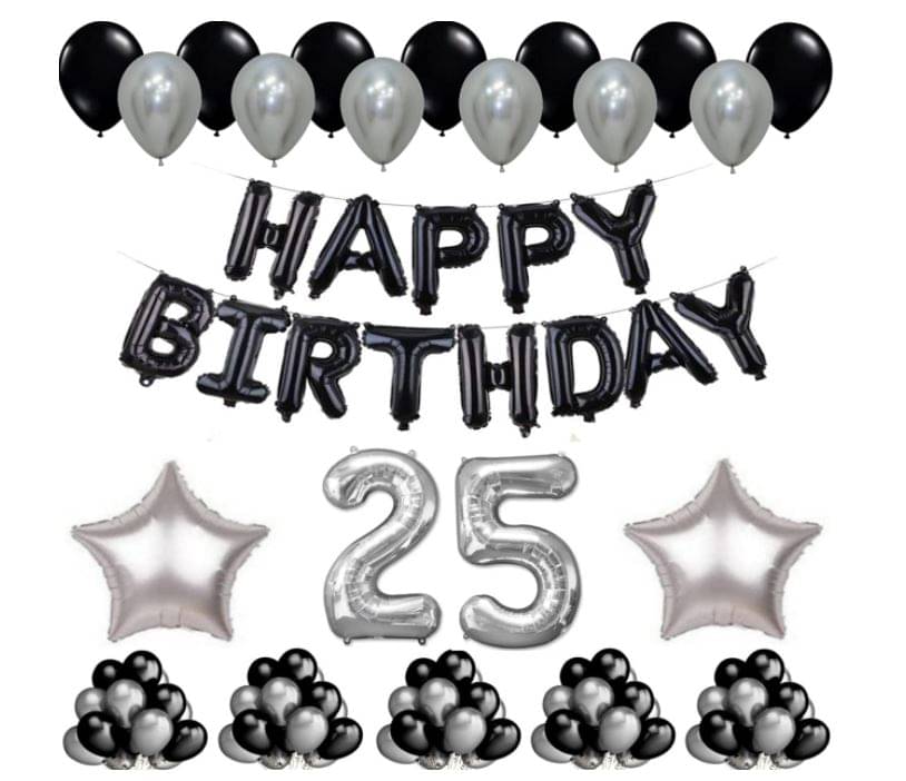    			Blooms Event 1 Set Happy Birthday Foil Balloons     Black Color , 2 Pcs silver  Foil Star , 50 Pcs Metallic Balloons   (Black &  Silver ),25 No. Foil Number Silver