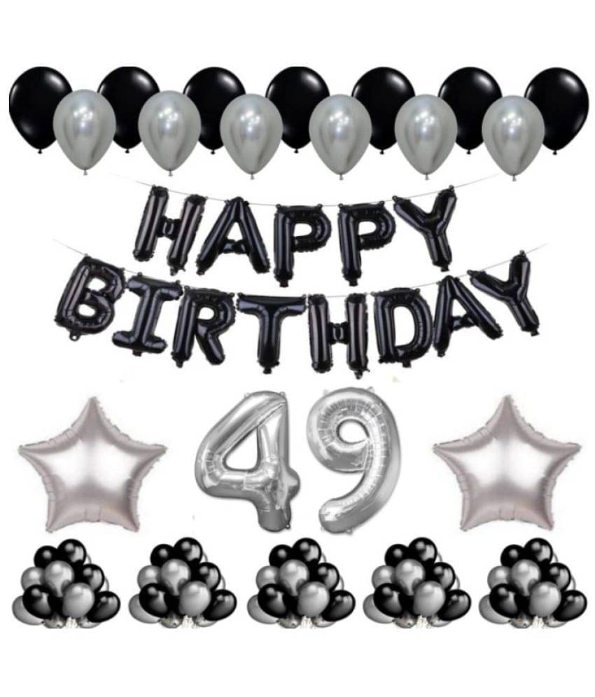     			Blooms Event 1 Set Happy Birthday Foil Balloons     Black Color , 2 Pcs silver  Foil Star , 50 Pcs Metallic Balloons   (Black &  Silver ),49  No. Foil Number Silver