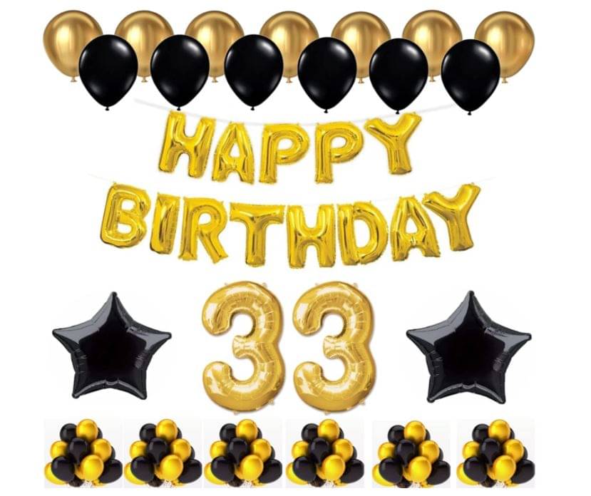 Blooms Event 1 Set Happy Birthday Foil Balloons (Golden Color, 2 PcsBlack Foil Star , 50 Pcs Metallic Balloons   (Black & Golden),33 No. Foil Number Golden     			Blooms Event 1 Set Happy Birthday Foil Balloons (Golden Color, 2 PcsBlack Foil Star , 50 Pcs Metallic Balloons   (Black & Golden),33 No. Foil Number Golden