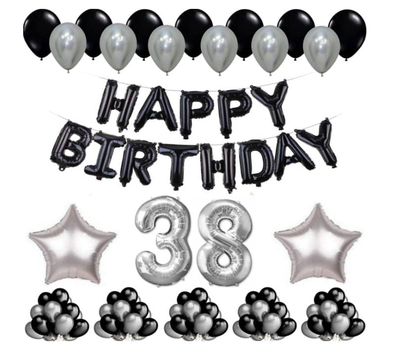     			Blooms Event 1 Set Happy Birthday Foil Balloons     Black Color , 2 Pcs silver  Foil Star , 50 Pcs Metallic Balloons   (Black &  Silver ),38 No. Foil Number Silver