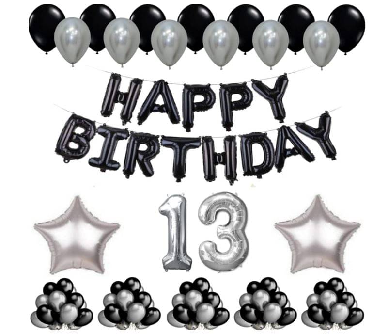 Blooms Event 1 Set Happy Birthday Foil Balloons Black Color , 2 Pcs silver Foil Star , 50 Pcs Metallic Balloons (Black & Silver ),13No. Foil Number Silver Blooms Event 1 Set Happy Birthday Foil Balloons Black Color , 2 Pcs silver Foil Star , 50 Pcs Metallic Balloons (Black & Silver ),13No. Foil Number Silver