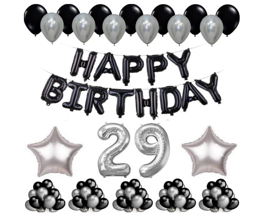 Blooms Event 1 Set Happy Birthday Foil Balloons Black Color , 2 Pcs silver Foil Star , 50 Pcs Metallic Balloons (Black & Silver ),29 No. Foil Number Silver Blooms Event 1 Set Happy Birthday Foil Balloons Black Color , 2 Pcs silver Foil Star , 50 Pcs Metallic Balloons (Black & Silver ),29 No. Foil Number Silver