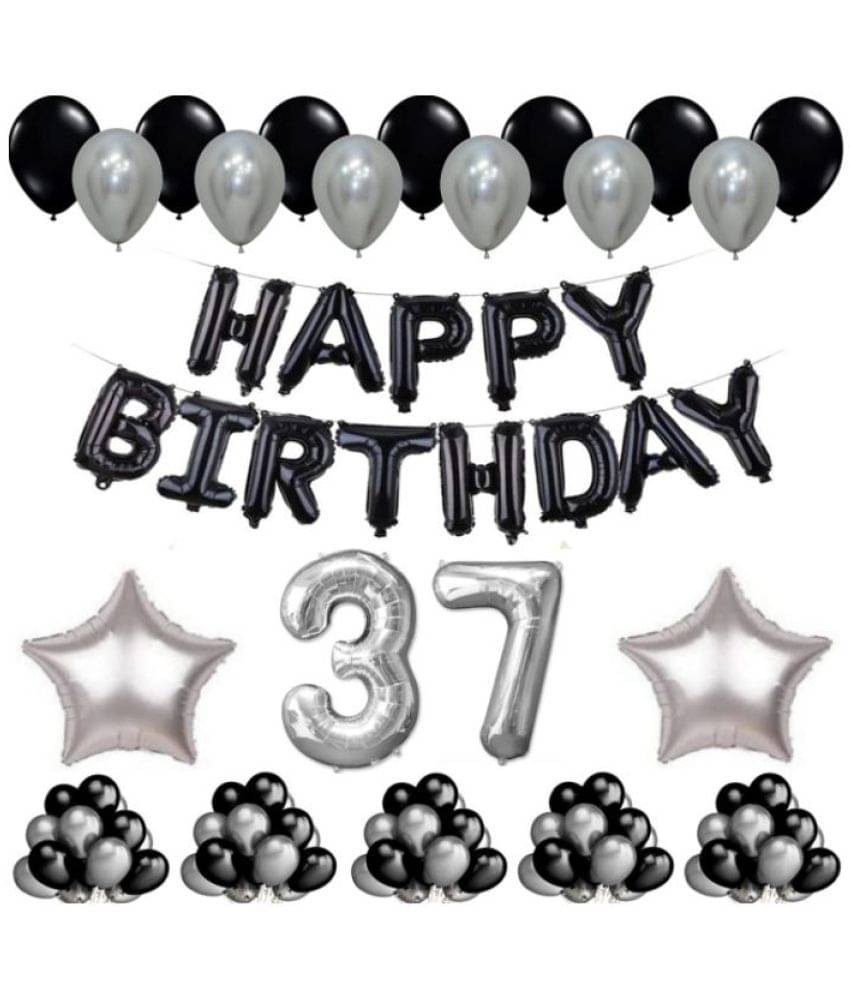 Blooms Event 1 Set Happy Birthday Foil Balloons Black Color , 2 Pcs silver Foil Star , 50 Pcs Metallic Balloons (Black & Silver ),37 No. Foil Number Silver Blooms Event 1 Set Happy Birthday Foil Balloons Black Color , 2 Pcs silver Foil Star , 50 Pcs Metallic Balloons (Black & Silver ),37 No. Foil Number Silver