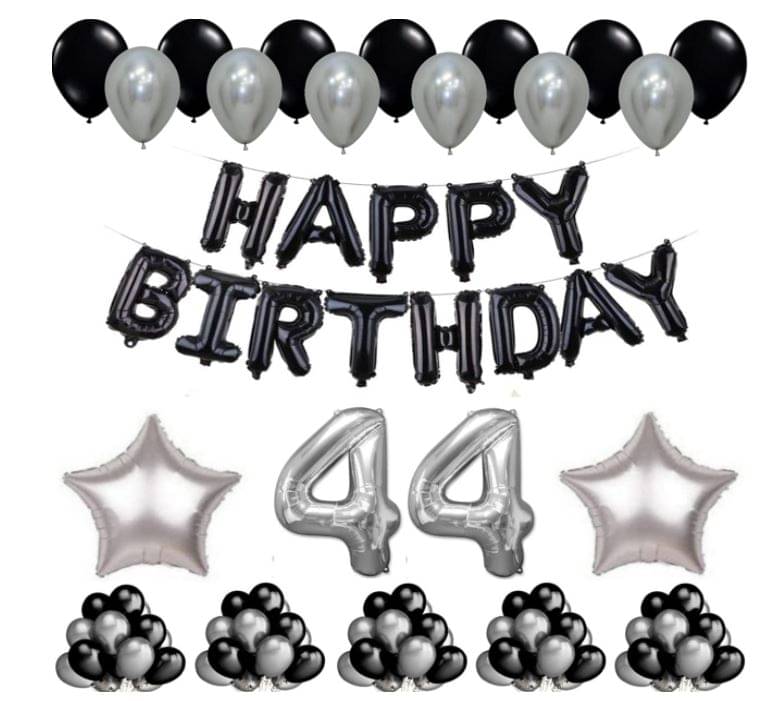     			Blooms Event 1 Set Happy Birthday Foil Balloons     Black Color , 2 Pcs silver  Foil Star , 50 Pcs Metallic Balloons   (Black &  Silver ), 44 No. Foil Number Silver
