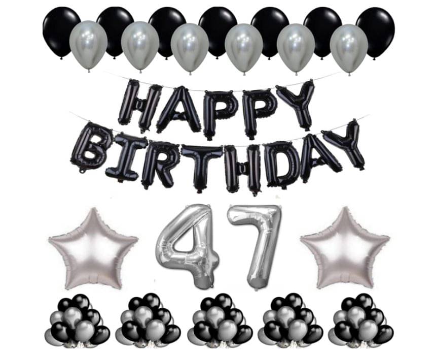     			Blooms Event 1 Set Happy Birthday Foil Balloons     Black Color , 2 Pcs silver  Foil Star , 50 Pcs Metallic Balloons   (Black &  Silver ),47  No. Foil Number Silver