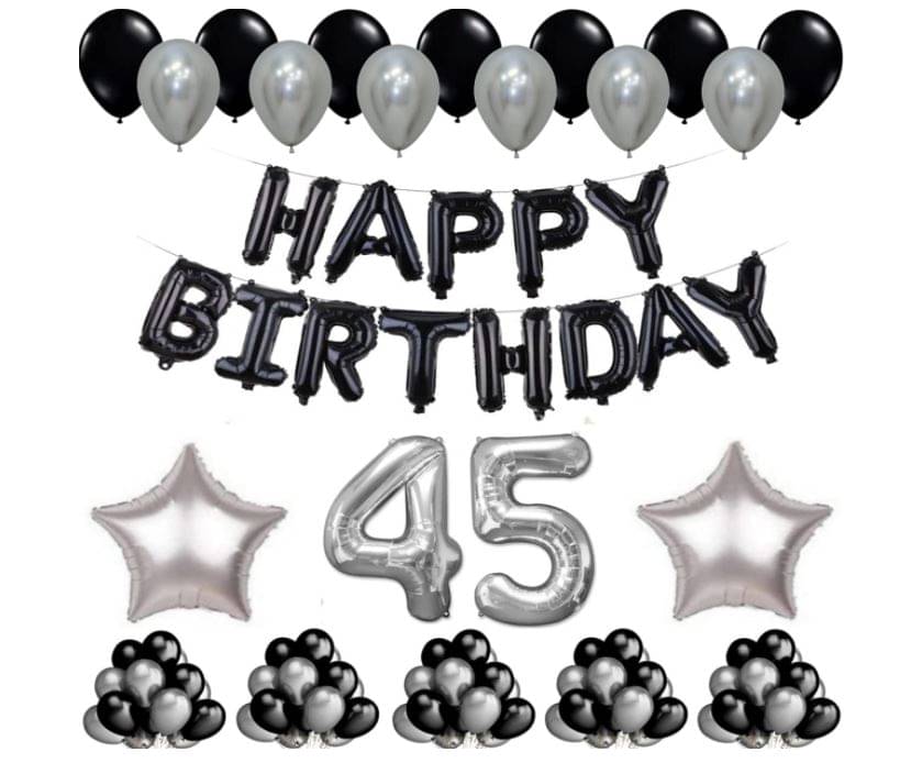 Blooms Event 1 Set Happy Birthday Foil Balloons Black Color , 2 Pcs silver Foil Star , 50 Pcs Metallic Balloons (Black & Silver ), 45 No. Foil Number Silver Blooms Event 1 Set Happy Birthday Foil Balloons Black Color , 2 Pcs silver Foil Star , 50 Pcs Metallic Balloons (Black & Silver ), 45 No. Foil Number Silver