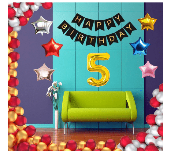     			Blooms Event 1 Set Happy Birthday Banner     Black Color ,  1 Gold ,1 Silver ,1 Red ,1 Royal Blue ,1 Pink & 1 Rose Gold Star shape Foil Balloons, 30 HD Metallic Gold , Silver & Red Balloons ,5 No. Foil Number Silver