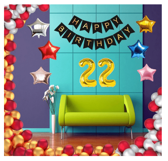     			Blooms Event 1 Set Happy Birthday Banner     Black Color ,  1 Gold ,1 Silver ,1 Red ,1 Royal Blue ,1 Pink & 1 Rose Gold Star shape Foil Balloons, 30 HD Metallic Gold , Silver & Red Balloons ,22 No. Foil Number Silver