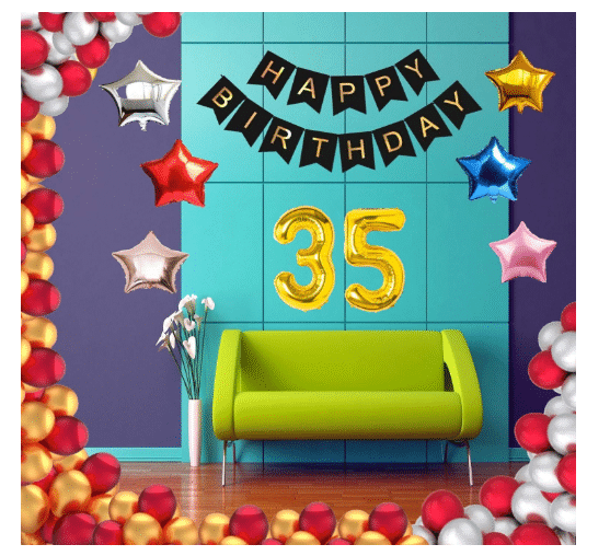     			Blooms Event 1 Set Happy Birthday Banner     Black Color ,  1 Gold ,1 Silver ,1 Red ,1 Royal Blue ,1 Pink & 1 Rose Gold Star shape Foil Balloons, 30 HD Metallic Gold , Silver & Red Balloons , 3 5 No. Foil Number Silver