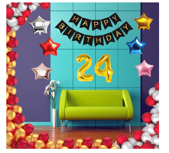    			Blooms Event 1 Set Happy Birthday Banner     Black Color ,  1 Gold ,1 Silver ,1 Red ,1 Royal Blue ,1 Pink & 1 Rose Gold Star shape Foil Balloons, 30 HD Metallic Gold , Silver & Red Balloons ,24 No. Foil Number Silver