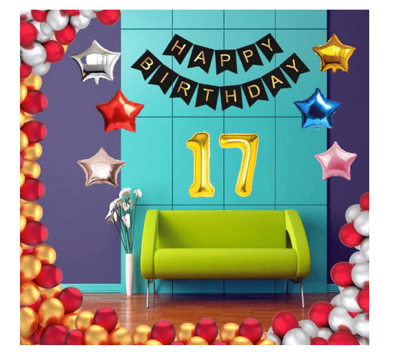     			Blooms Event 1 Set Happy Birthday Banner     Black Color ,  1 Gold ,1 Silver ,1 Red ,1 Royal Blue ,1 Pink & 1 Rose Gold Star shape Foil Balloons, 30 HD Metallic Gold , Silver & Red Balloons , 17 No. Foil Number Silver