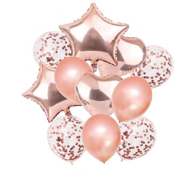 Blooms Event 5pcs rose gold latex balloon + 5pcs rose gold confetti balloon + 2pcs rose gold heart foil balloons + 2pcs rose gold star foil balloons. Blooms Event 5pcs rose gold latex balloon + 5pcs rose gold confetti balloon + 2pcs rose gold heart foil balloons + 2pcs rose gold star foil balloons.