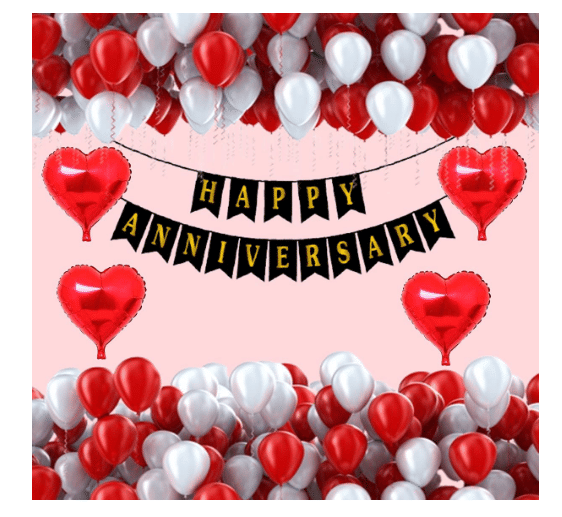     			Blooms Event Bright Happy Anniversary Decoration items kit (55 pcs) ,Banner,50 pcs Metallic Balloons (Red & White) 4pcs Red Heart Foil Balloon.