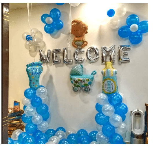     			Blooms Event  Decoration kit 1 Silver Welcome foil, "It's a Boy" foot foil, 1 baby buggy  foil, 1 baby  blue bottle foil, 1 baby boy  foil, 2 silver ribbon rolls, 25 blue and 25 white metallic balloons