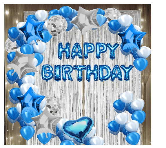     			Blooms Event  Happy Birthday Set 114pc Combo Include Happy Birthday Foil, Metallic, Confetti & Star, Heart Balloon,Light,Fringe