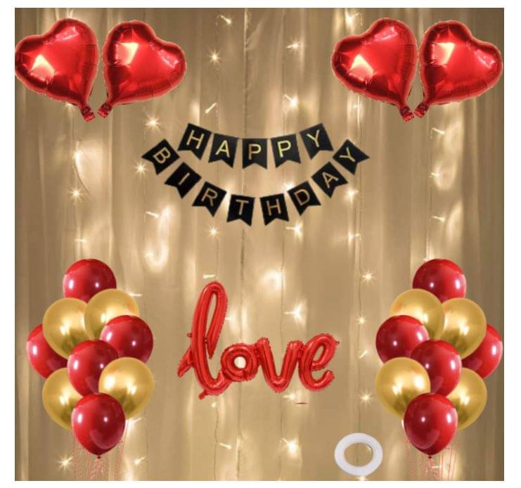     			Blooms Event Romantic Decoration combo - 1 happy birthday black banner , 1 love foil balloon, 4 pcs red heart balloons, 10 pcs red metallic balloons, 10 pcs gold metallic balloons, 1 pc led light  1 pc ribbon