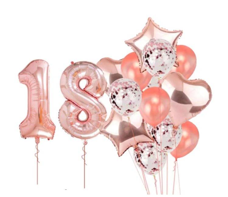     			Blooms Event Rose Gold special 18 No. rose gold foil 2 pcs of rosegold Heart foil, 2pcs of rosegold Star Foil ,5pcs Confetti Balloon , & 5pcs rosegold Latex Balloon