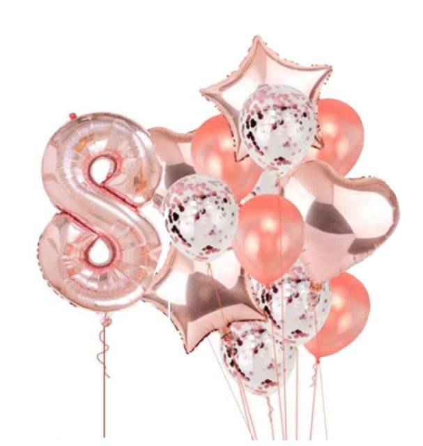     			Blooms Event Rose Gold special 8 No. rose gold foil 2 pcs of rosegold Heart foil, 2pcs of rosegold Star Foil ,5pcs Confetti Balloon , & 5pcs rosegold Latex Balloon