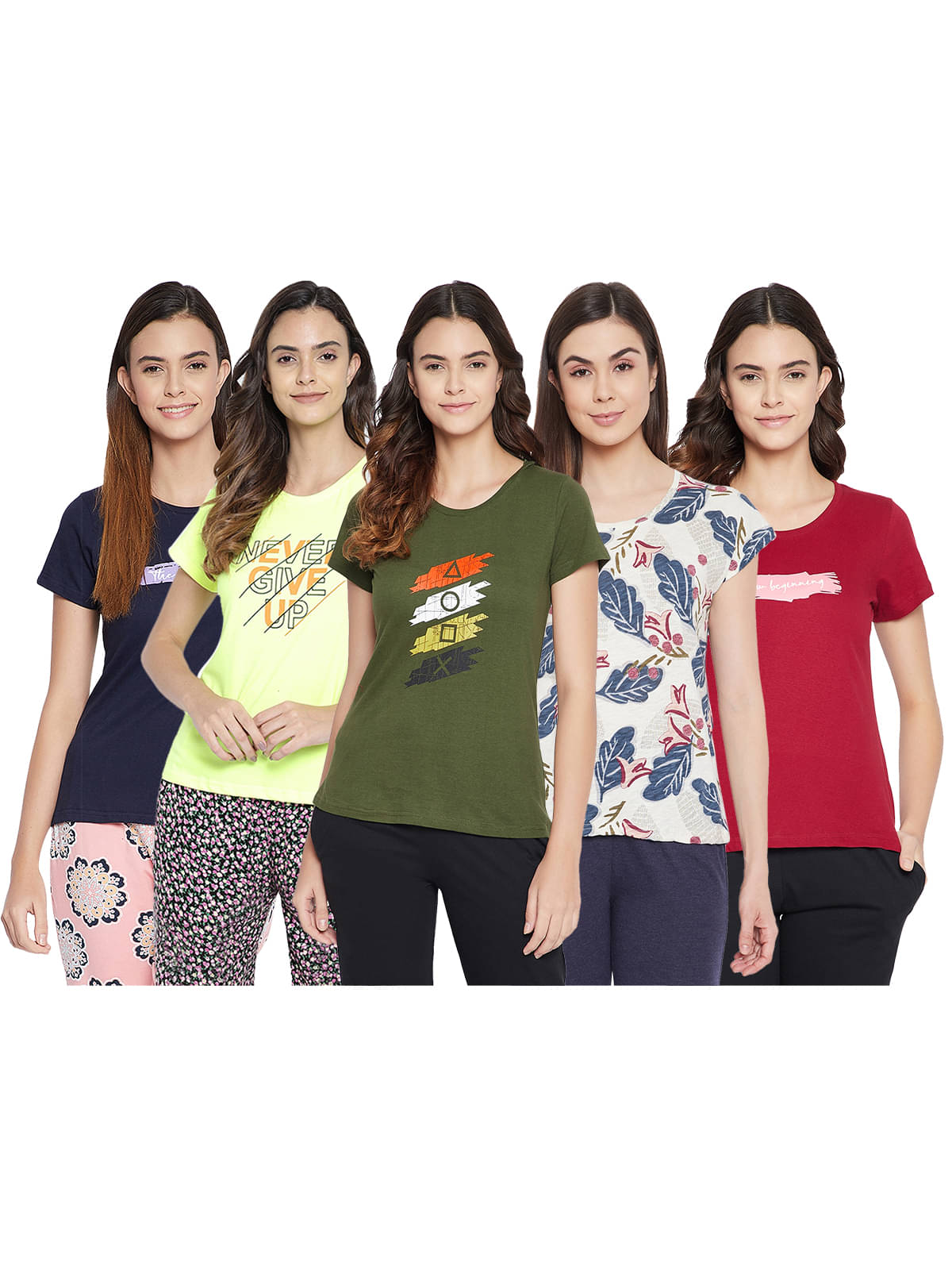     			Clovia Cotton Night T-Shirt - Multi Color Pack of 5