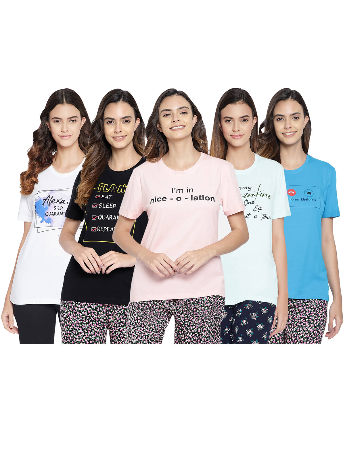    			Clovia Rayon Night T-Shirt - Multi Color Pack of 5