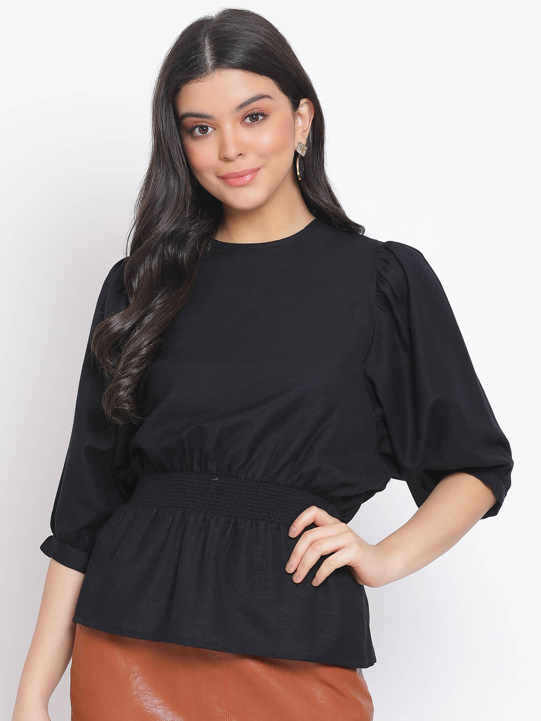 Oxolloxo Women's Cotton Peplum Top ( Black )