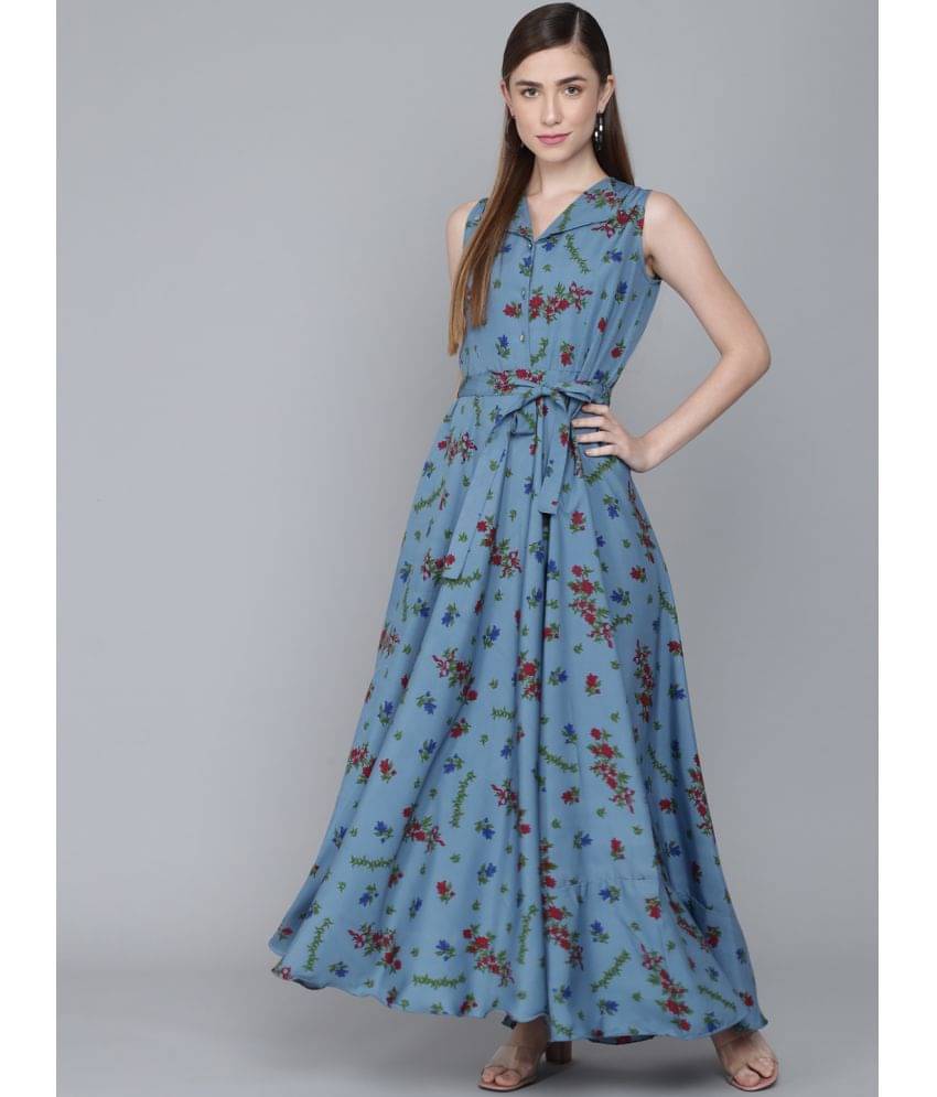    			Rudrakriti Women Crepe Printed A-line Dress ( Blue )
