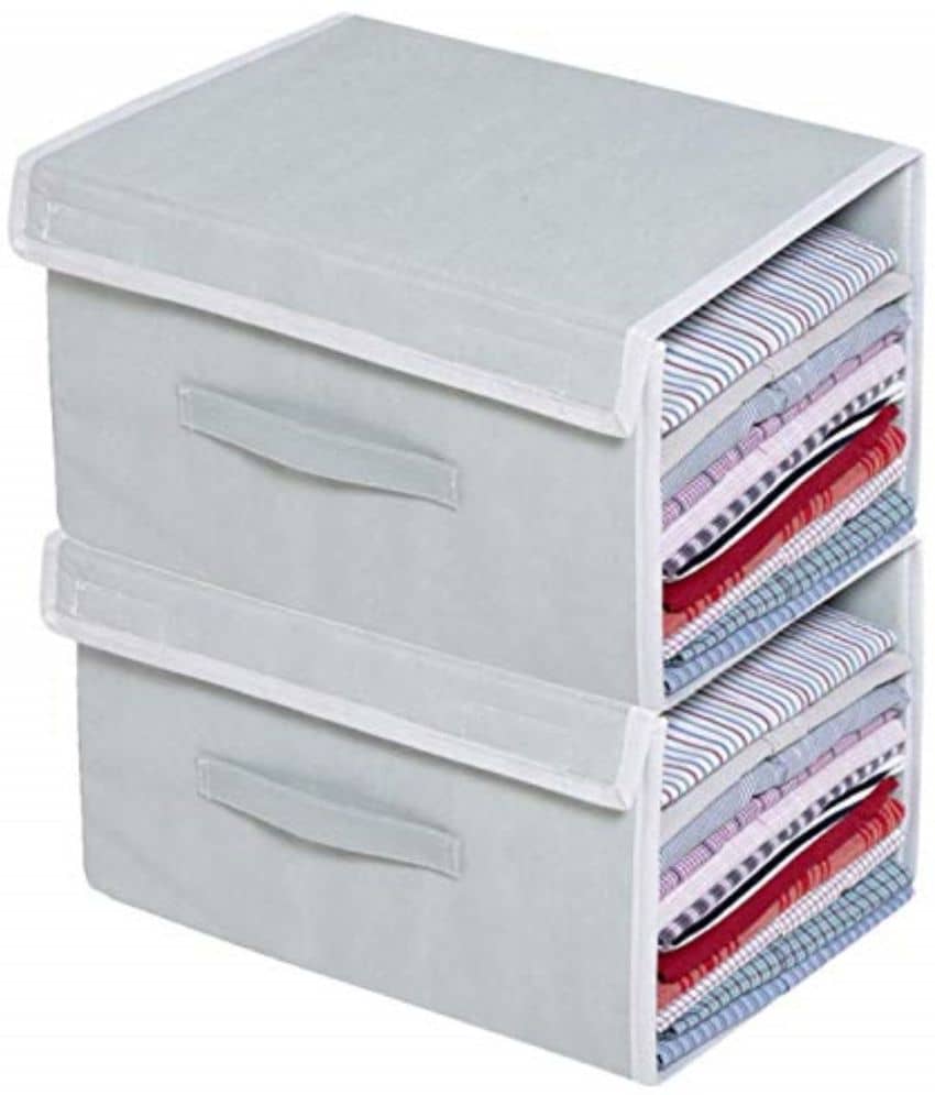 Sh Nasima Stackable Non Woven Shirt Organizer with Cover Lid- (Grey) - Pack of 2