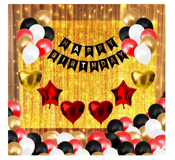     			Blooms Mall 121 pcs Happy Birthday combo set Happy Birthday Letter Banner Balloon Set of (Black) + HD Metallic Balloons (Black, Red,Gold and Silver) Pack of 100 + 4 Star Balloon(Red,Gold) + 2 Heart Balloon(Red) + Multipurpose Ribbon + 1pc Fairy Light.