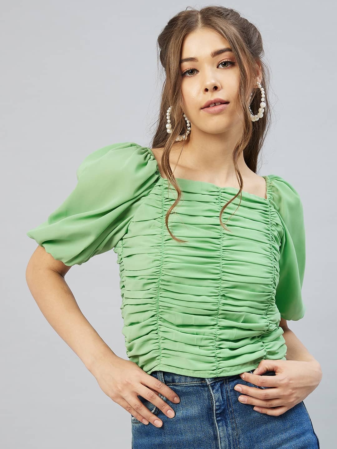 Rare Women's Georgette Regular Top ( Green )
