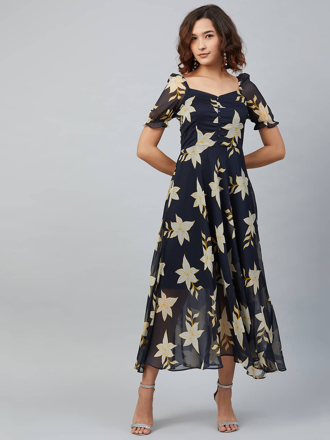 Rare Women Chiffon Fit & Flare Dress ( Navy )