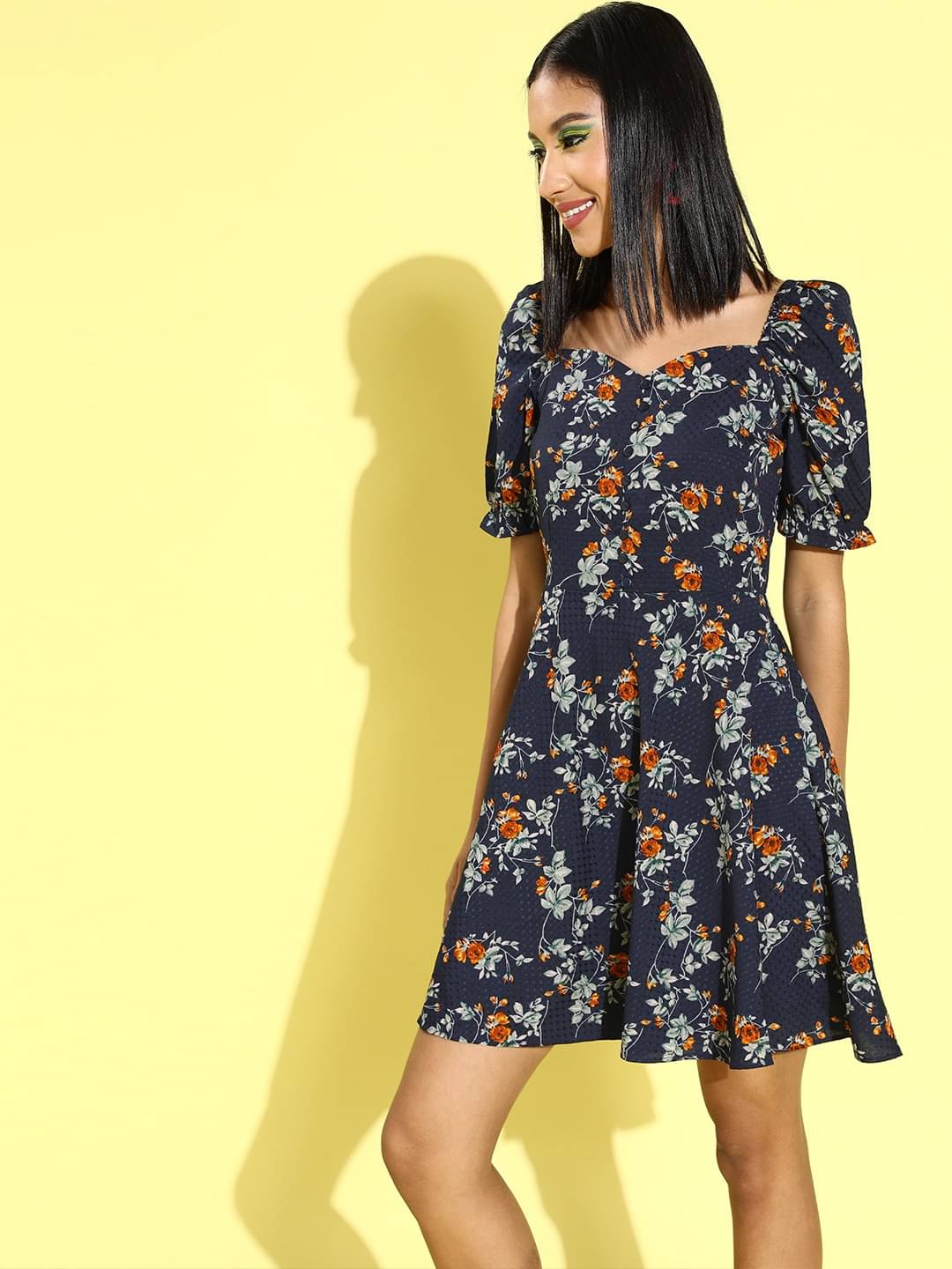 Rare Women Crepe Fit & Flare Dress ( Navy ) Rare Women Crepe Fit & Flare Dress ( Navy )
