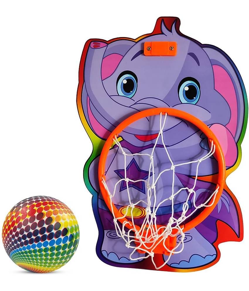 NHR Small Basket Ball kit Set with Ring for Kids, Playing Indoor Outdoor Basket Ball, High Quality Hanging Board with Net & Ball (Elephant Face Printed)