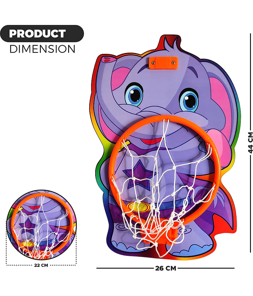 NHR Small Basket Ball kit Set with Ring for Kids, Playing Indoor Outdoor Basket Ball, High Quality Hanging Board with Net & Ball (Elephant Face Printed)