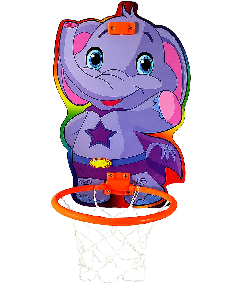 NHR Small Basket Ball kit Set with Ring for Kids, Playing Indoor Outdoor Basket Ball, High Quality Hanging Board with Net & Ball (Elephant Face Printed)