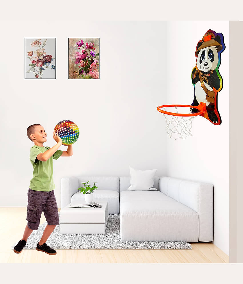 NHR Small Basket Ball kit Set with Ring for Kids, Playing Indoor Outdoor Basket Ball, High Quality Hanging Board with Net & Ball (Panda Face Printed)