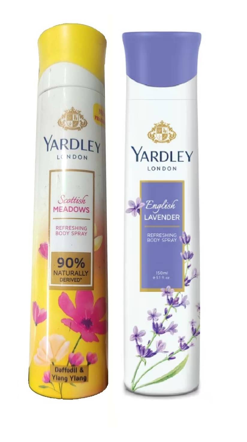     			YARDLEY LONDON 1 SCTTISH MEADOWS , 1 ENGLISH LAVENDER BODY SPRAY 150 ML EACH, PACK OF 2 .