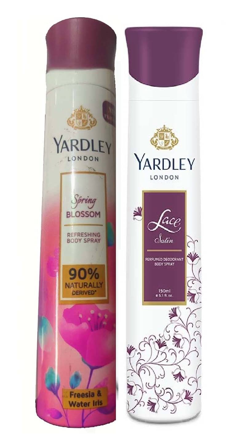     			YARDLEY LONDON 1 SPRING BLOSSOM , 1 LACE SALIN BODY SPRAY 150 ML EACH ,PACK OF 2 .