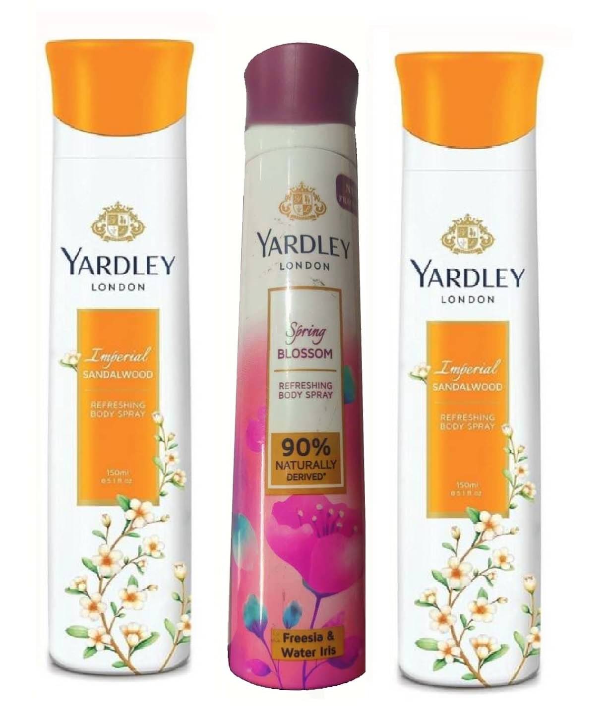     			YARDLEY LONDON 2  IMPERIAL SANDALWOOD  , 1 SPRING  BLOSSOM 150 ML EACH ,PACK OF 3 .