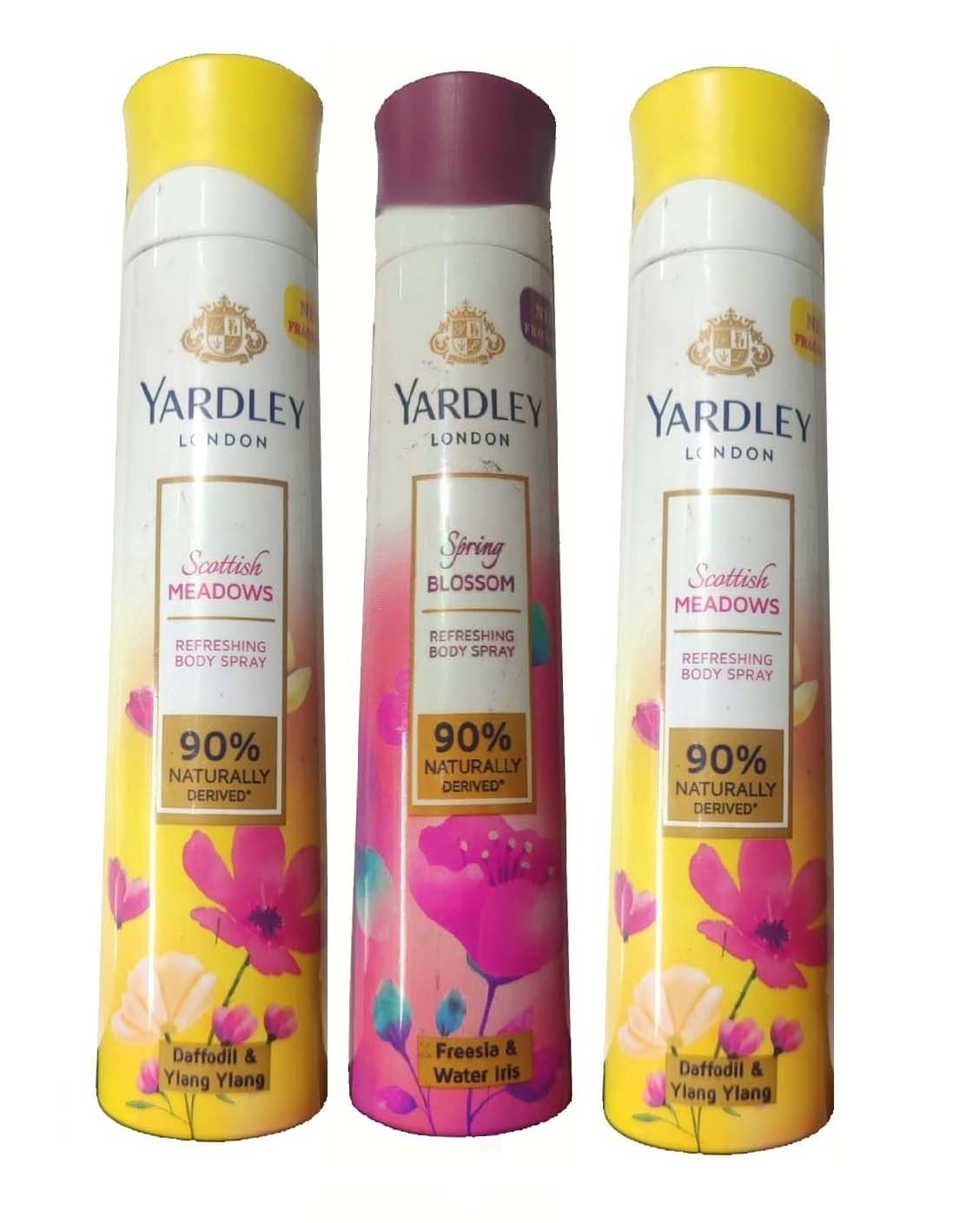     			YARDLEY LONDON 2 SCOTTISH MEADOWS  , 1 SPRING BLOSSOM  BODY SPARY 150 ML EACH ,PACK OF 3 .