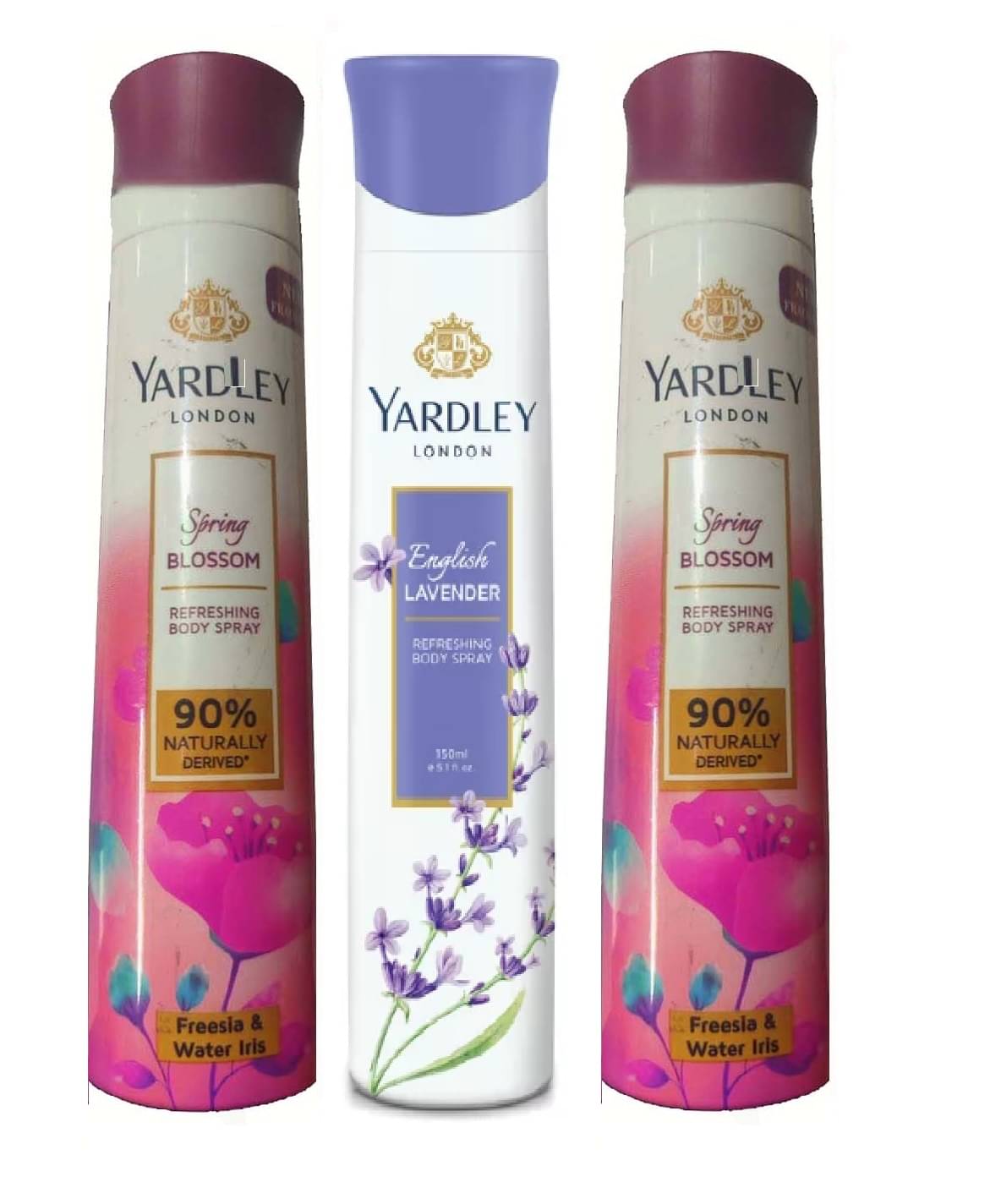     			yardley london 2 SPRING BIOSSOM BODY SPRAY , 1 ENGLISH LAVENDER BODY SPRAY 150 ML EACH ,PACK OF 3 .