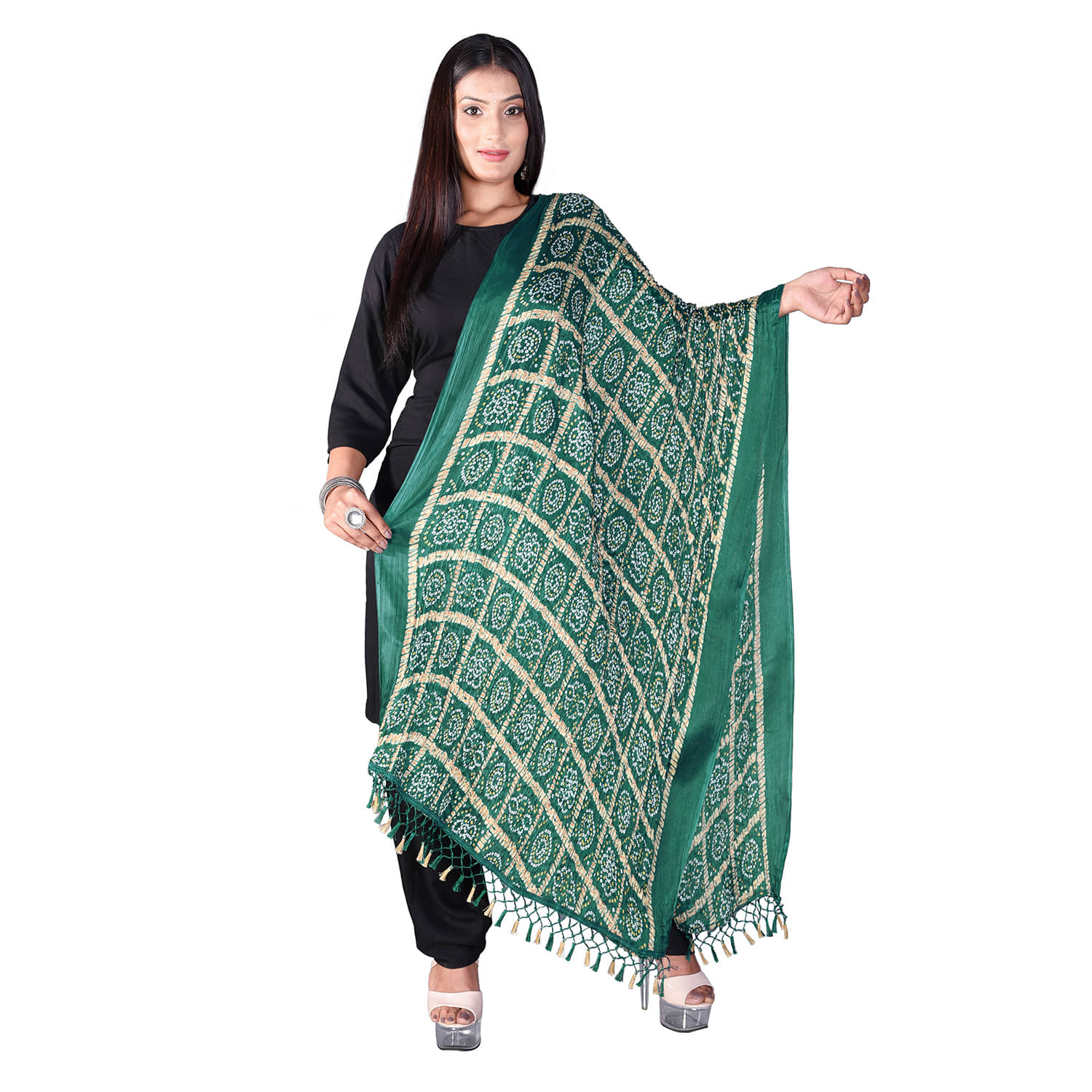 Apratim Green Silk Bandhej Dupatta - Single - Dupattas & Shawls | Buy online on ZillyBuy