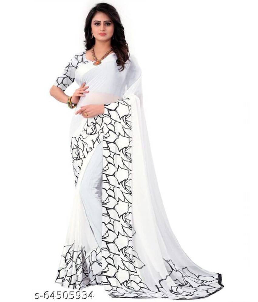     			Sitanjali Satin Printed Saree With Unstitched Blouse Piece ( White )