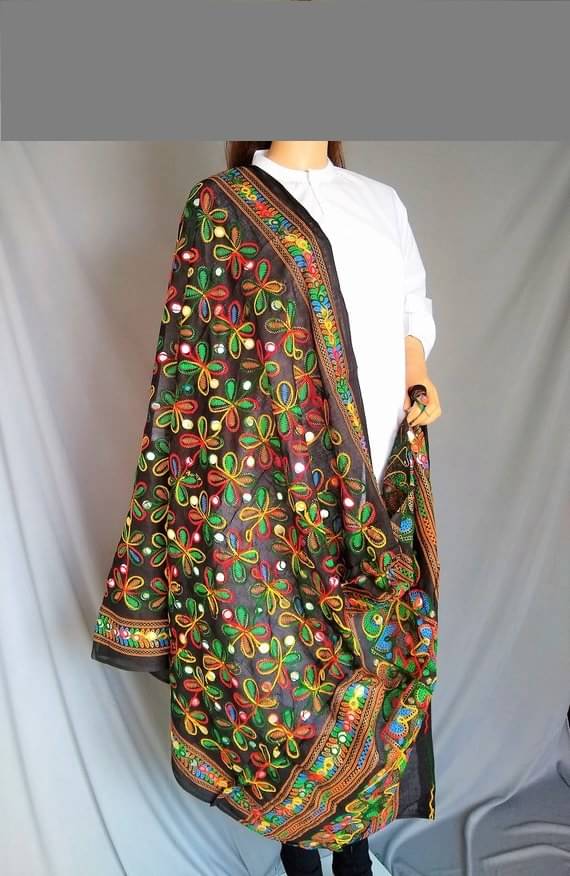     			Apratim Black Cotton Kutch Embroidered Dupatta - Single