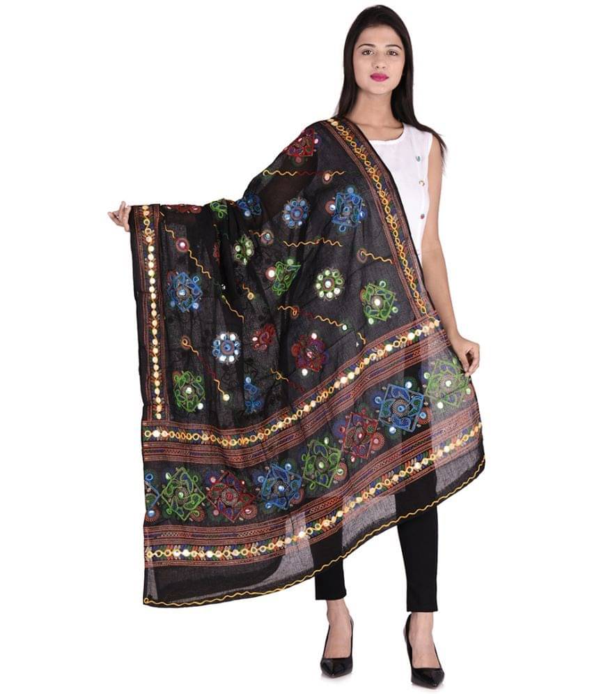     			Apratim Black Cotton Kutch Embroidered Dupatta - Single