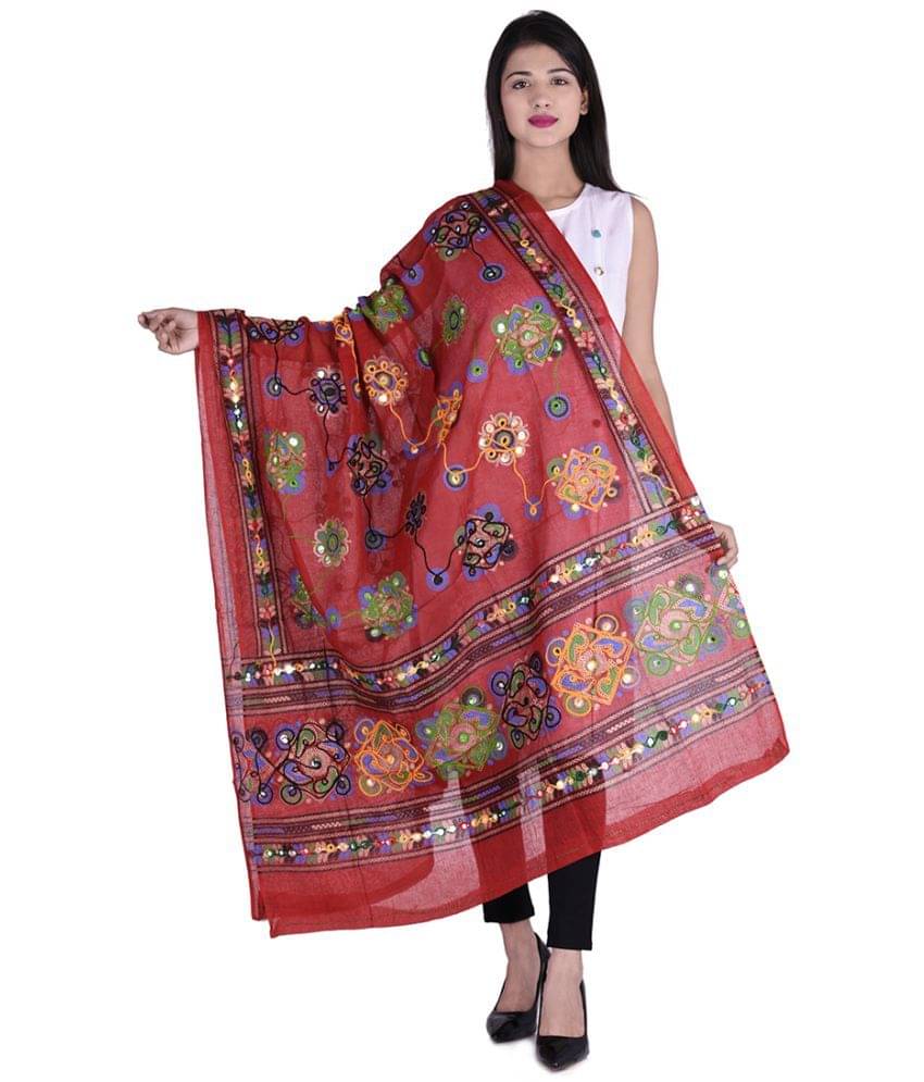 Apratim Red Cotton Kutch Embroidered Dupatta - Single Apratim Red Cotton Kutch Embroidered Dupatta - Single