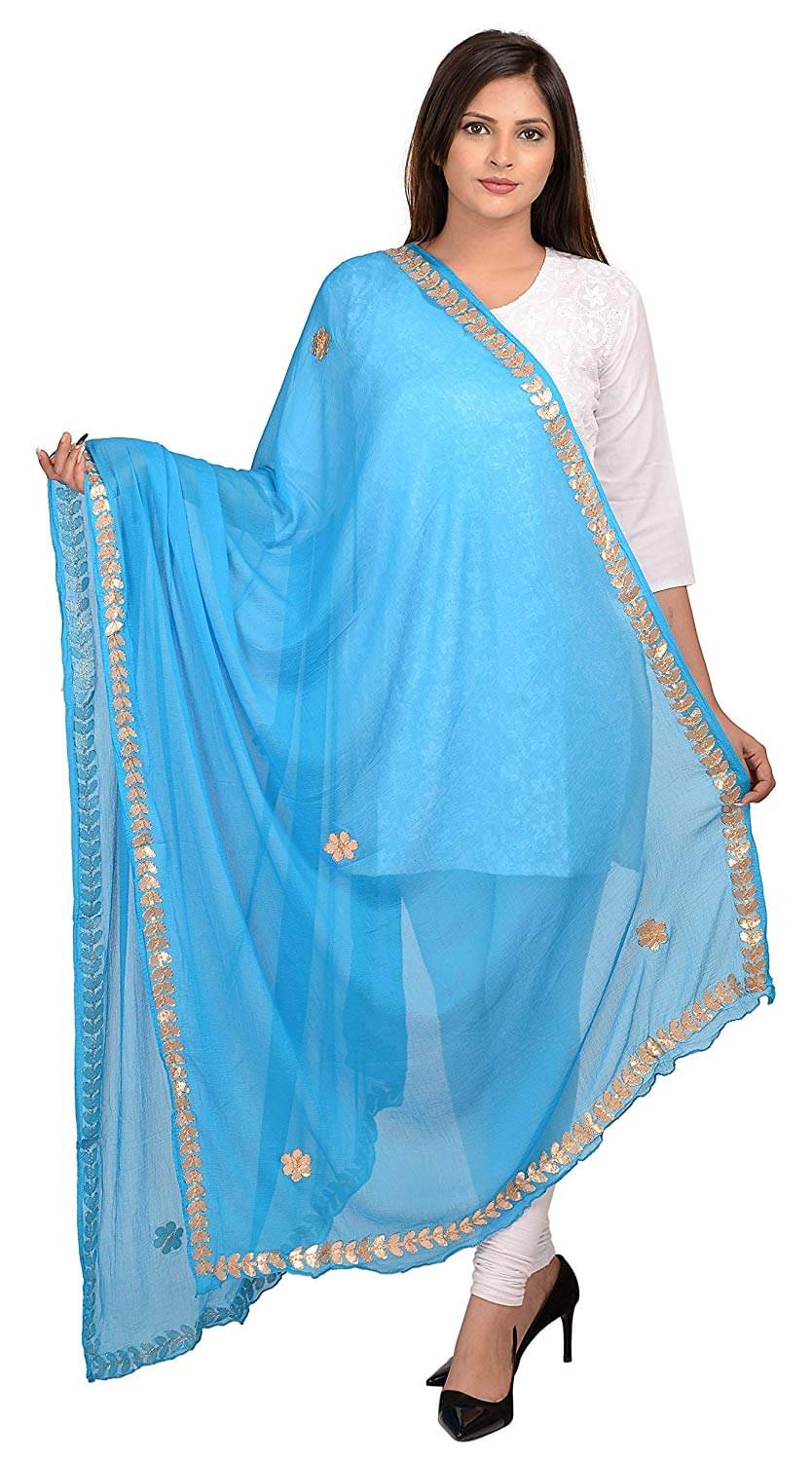     			Apratim Turquoise Chiffon Floral Dupatta - Single