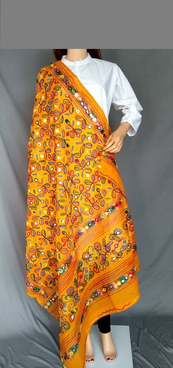     			Apratim Yellow Cotton Kutch Embroidered Dupatta - Single