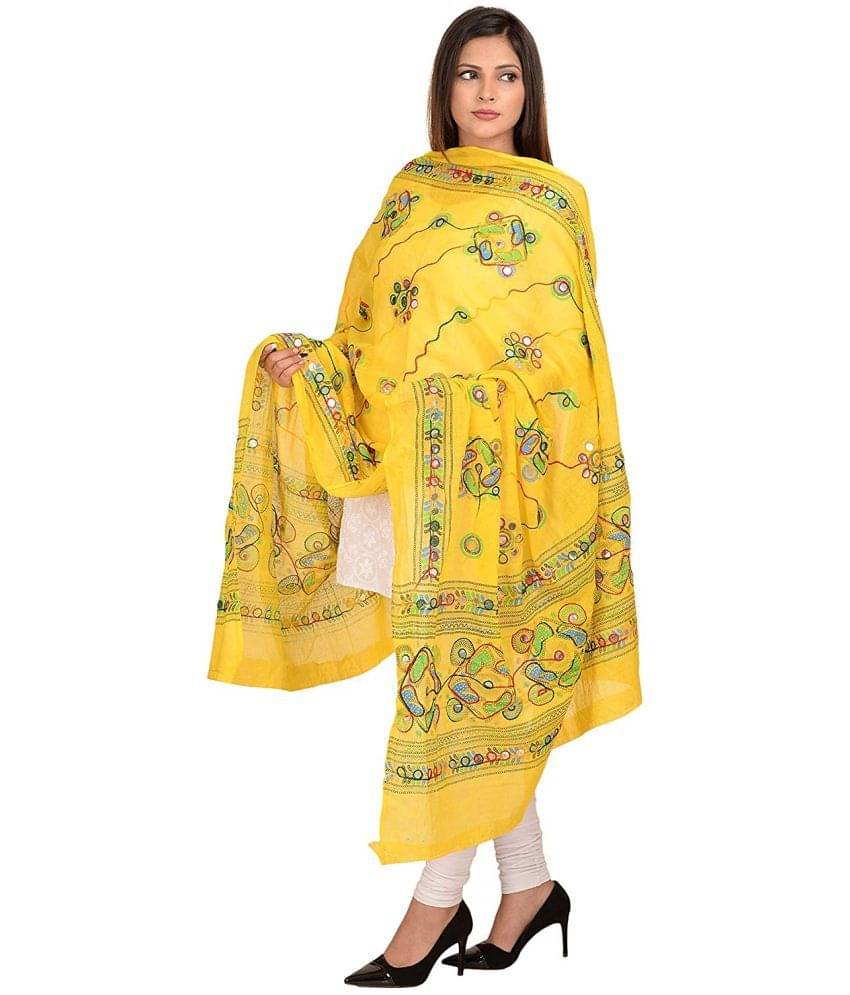     			Apratim Yellow Cotton Kutch Embroidered Dupatta - Single